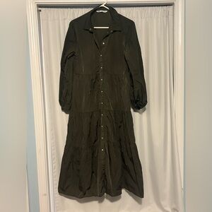 Zara Button-Front Long Tiered Dress in Dark Olive